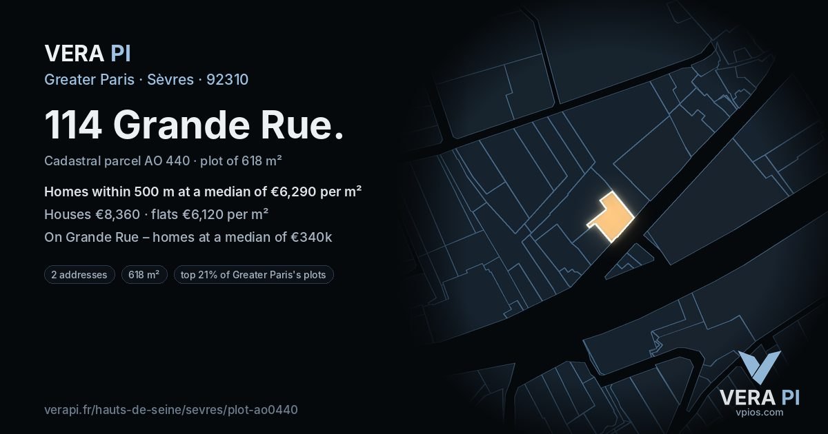 114 Grande Rue, Sèvres at night – the plot lit, the parcels around coloured by the prices near them