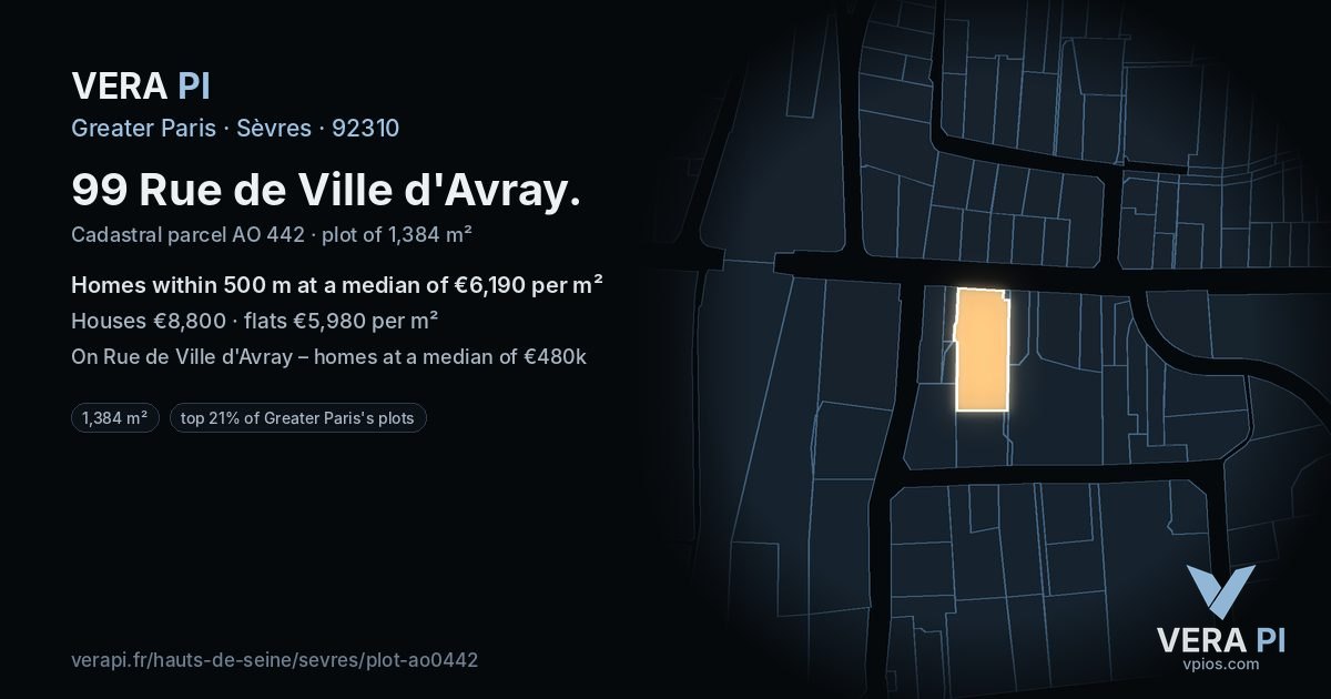 99 Rue de Ville d'Avray, Sèvres at night – the plot lit, the parcels around coloured by the prices near them