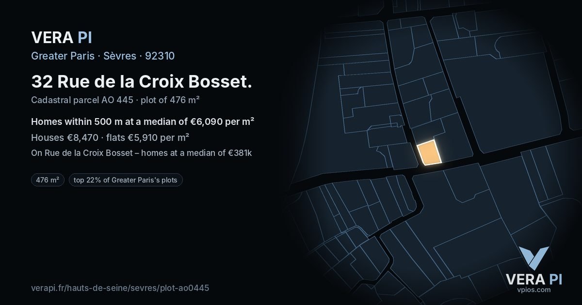 32 Rue de la Croix Bosset, Sèvres at night – the plot lit, the parcels around coloured by the prices near them