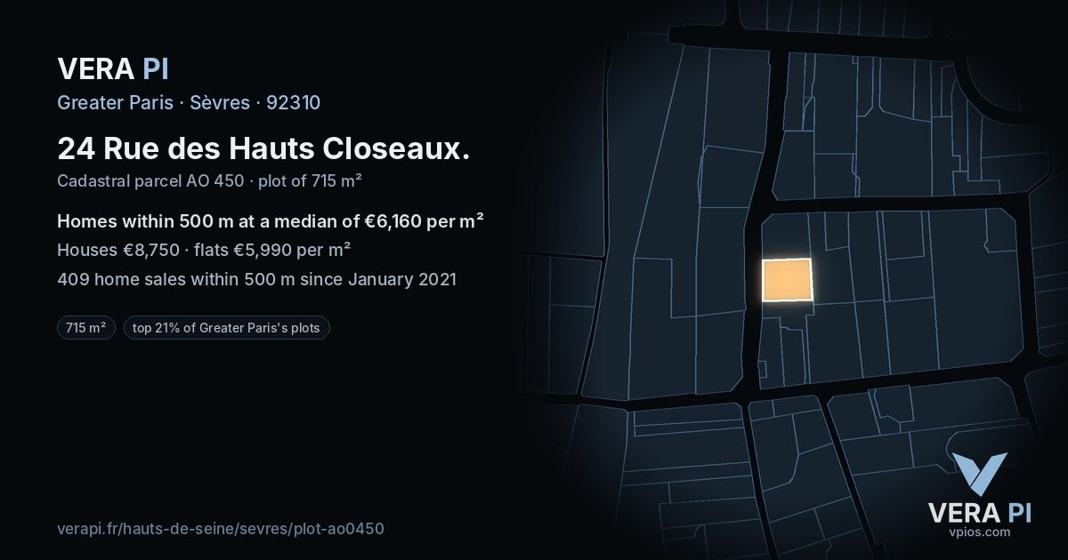 24 Rue des Hauts Closeaux, Sèvres at night – the plot lit, the parcels around coloured by the prices near them
