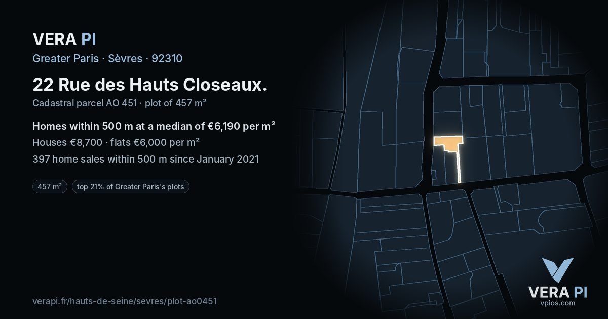 22 Rue des Hauts Closeaux, Sèvres at night – the plot lit, the parcels around coloured by the prices near them