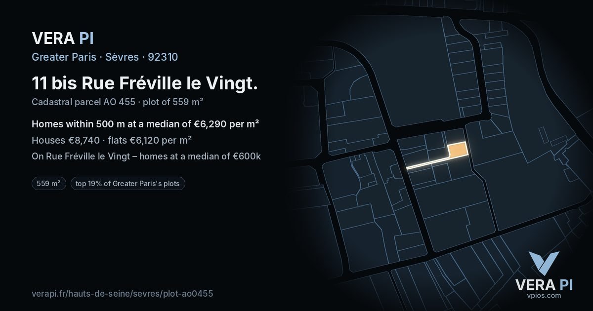 11 bis Rue Fréville le Vingt, Sèvres at night – the plot lit, the parcels around coloured by the prices near them