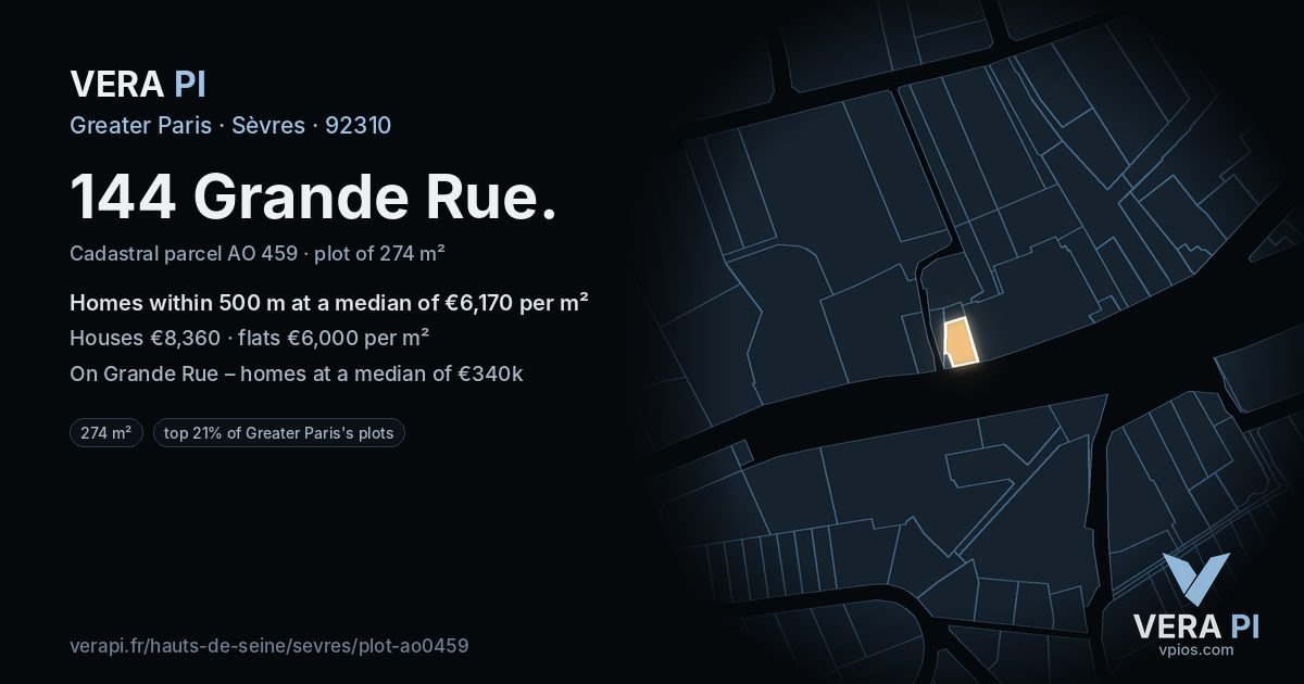 144 Grande Rue, Sèvres at night – the plot lit, the parcels around coloured by the prices near them