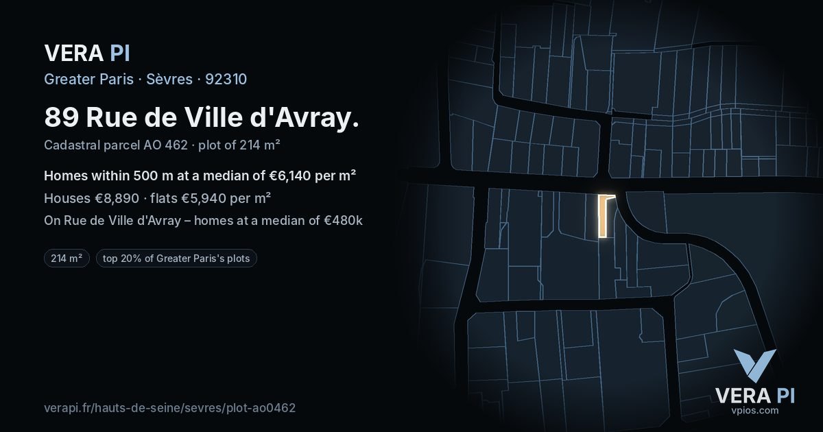 89 Rue de Ville d'Avray, Sèvres at night – the plot lit, the parcels around coloured by the prices near them
