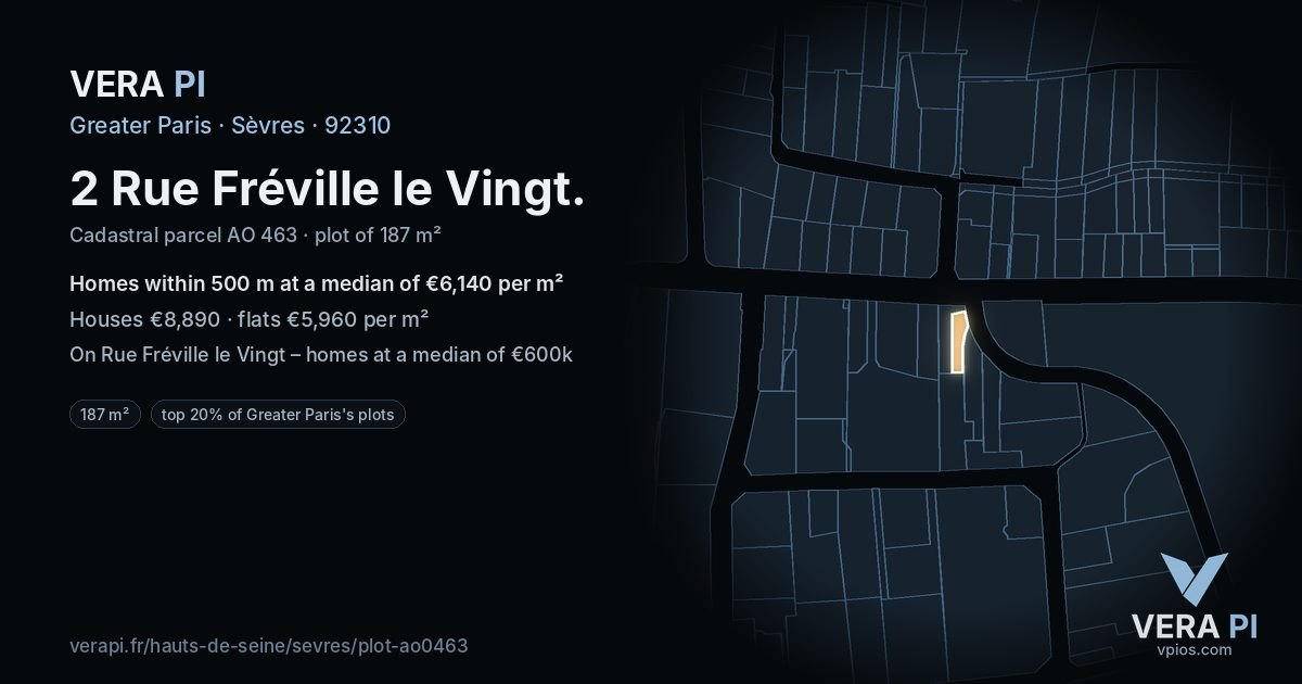 2 Rue Fréville le Vingt, Sèvres at night – the plot lit, the parcels around coloured by the prices near them