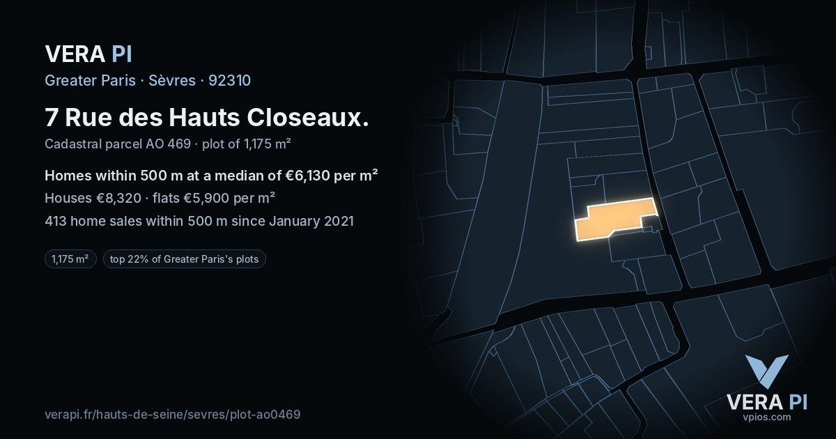 7 Rue des Hauts Closeaux, Sèvres at night – the plot lit, the parcels around coloured by the prices near them