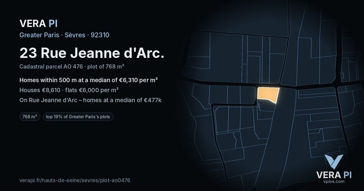 23 Rue Jeanne d'Arc, Sèvres at night – the plot lit, the parcels around coloured by the prices near them
