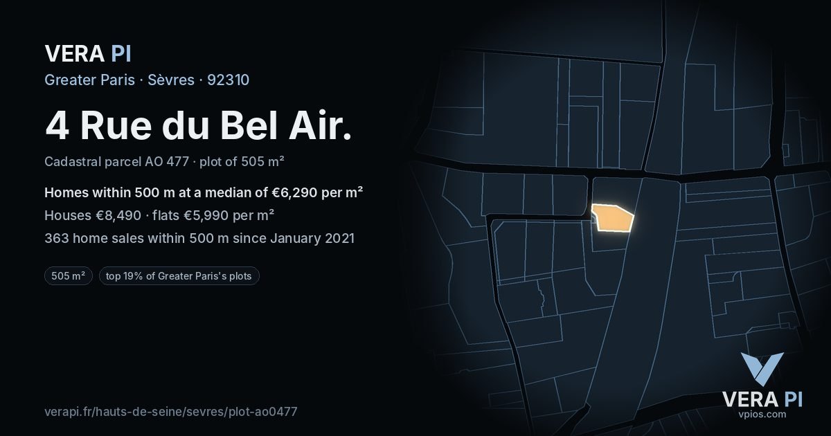 4 Rue du Bel Air, Sèvres at night – the plot lit, the parcels around coloured by the prices near them