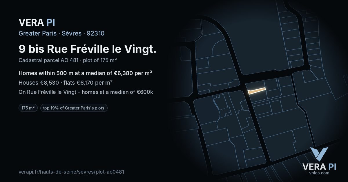 9 bis Rue Fréville le Vingt, Sèvres at night – the plot lit, the parcels around coloured by the prices near them