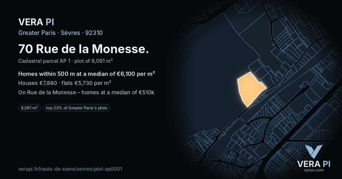 70 Rue de la Monesse, Sèvres at night – the plot lit, the parcels around coloured by the prices near them