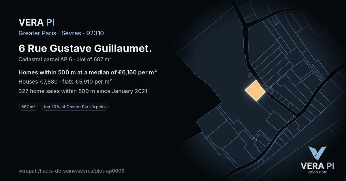 6 Rue Gustave Guillaumet, Sèvres at night – the plot lit, the parcels around coloured by the prices near them