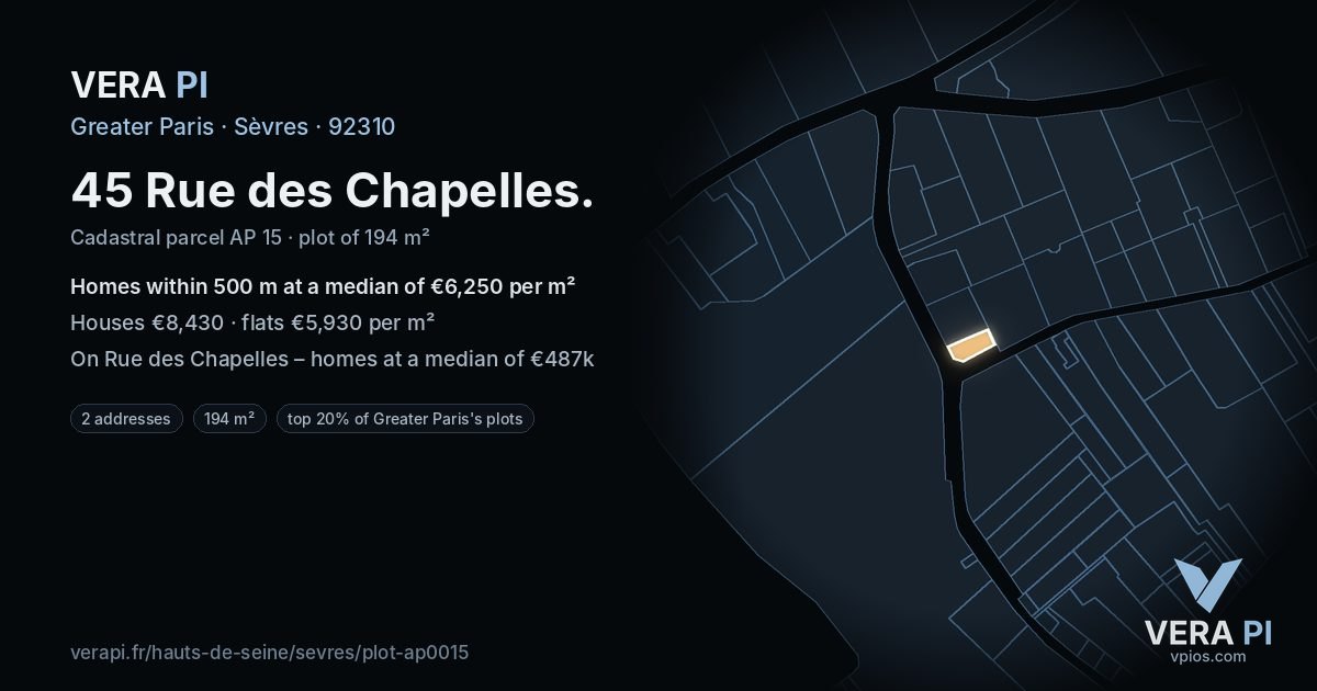45 Rue des Chapelles, Sèvres at night – the plot lit, the parcels around coloured by the prices near them