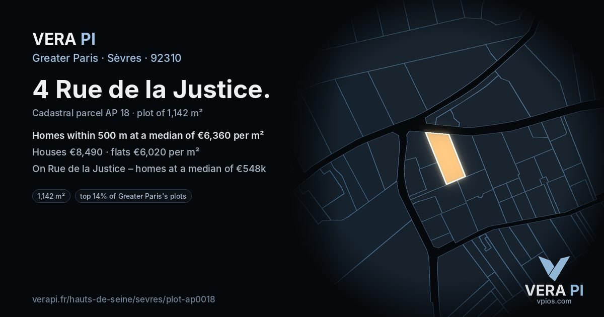 4 Rue de la Justice, Sèvres at night – the plot lit, the parcels around coloured by the prices near them