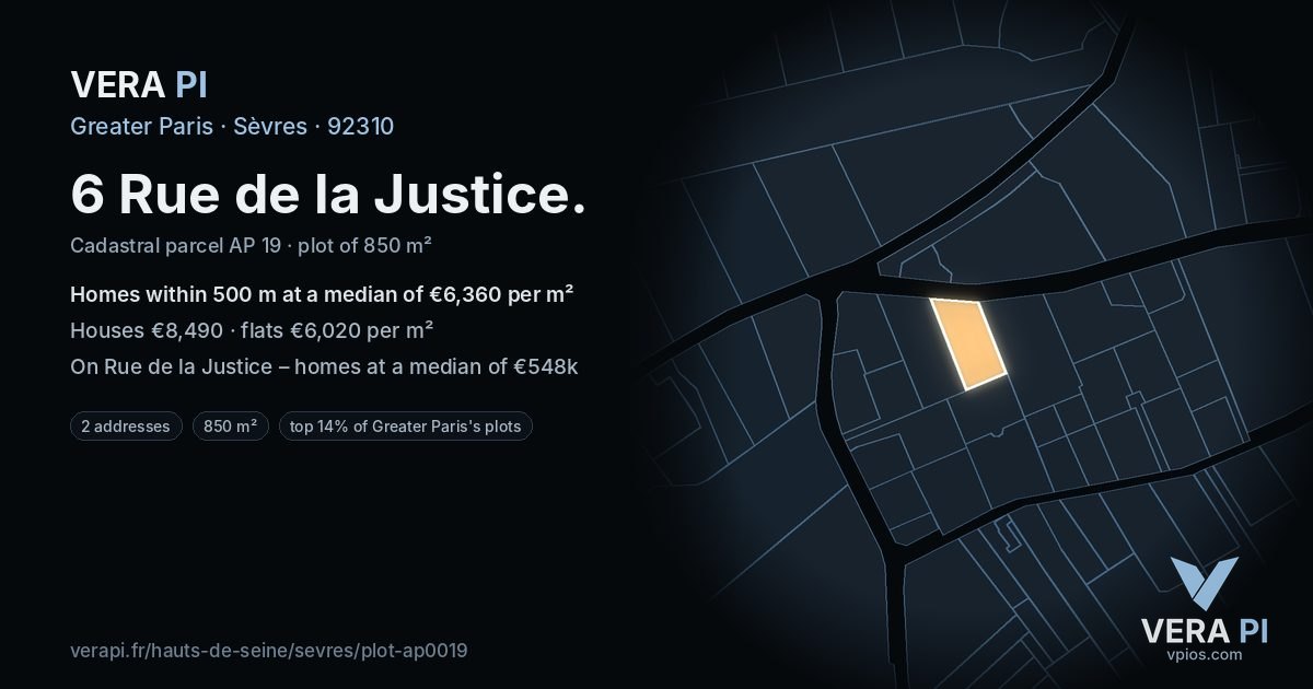 6 Rue de la Justice, Sèvres at night – the plot lit, the parcels around coloured by the prices near them