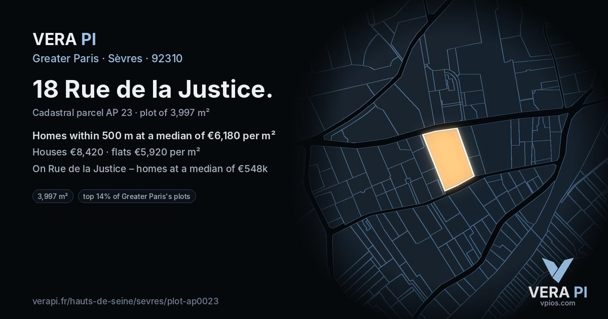 18 Rue de la Justice, Sèvres at night – the plot lit, the parcels around coloured by the prices near them
