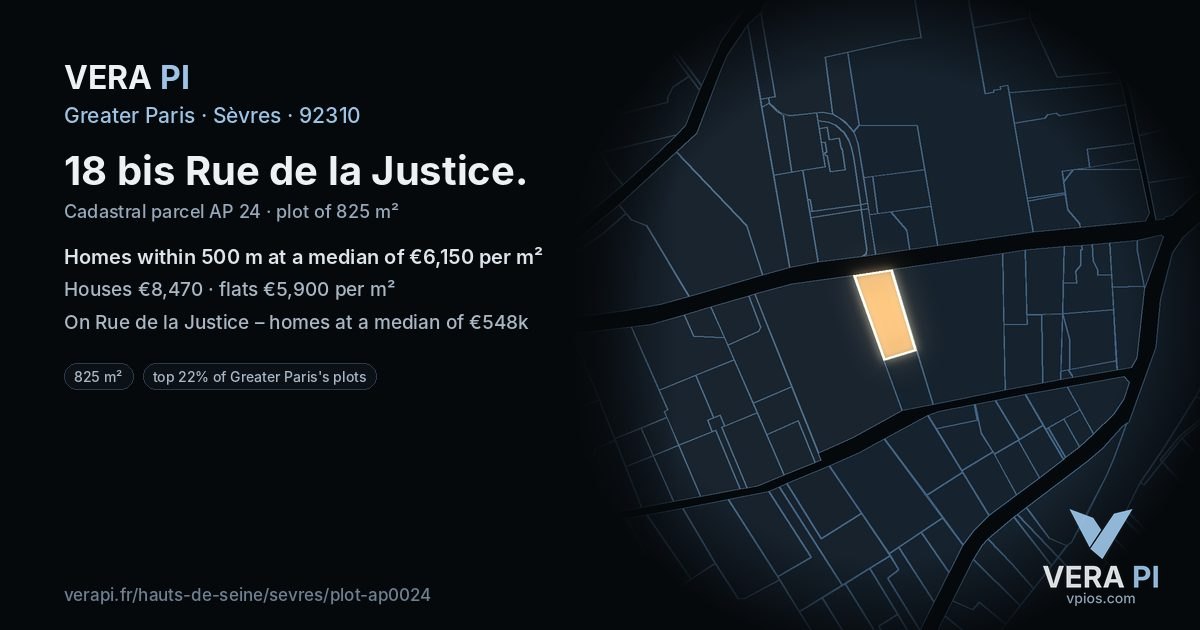 18 bis Rue de la Justice, Sèvres at night – the plot lit, the parcels around coloured by the prices near them