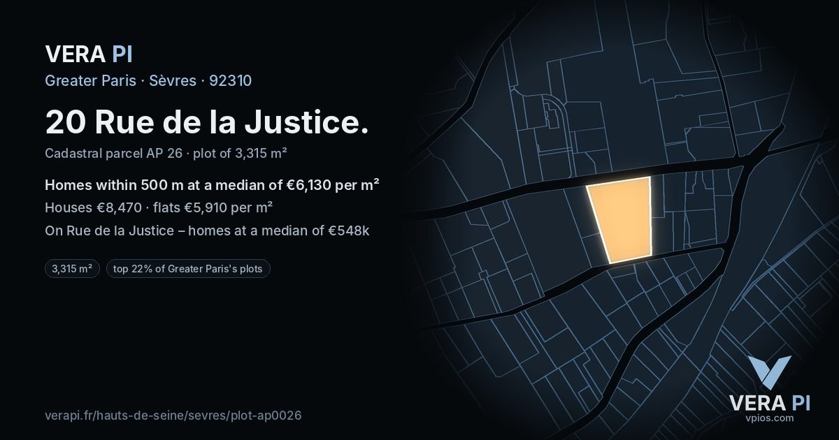 20 Rue de la Justice, Sèvres at night – the plot lit, the parcels around coloured by the prices near them