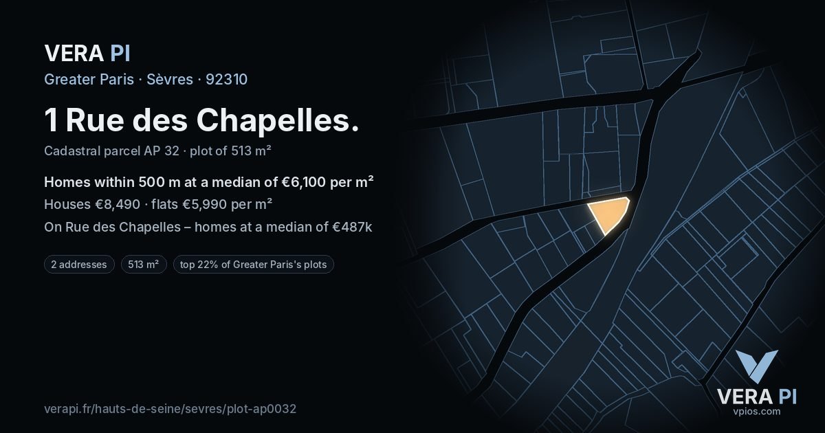 1 Rue des Chapelles, Sèvres at night – the plot lit, the parcels around coloured by the prices near them
