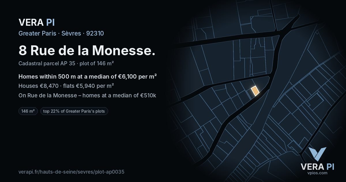 8 Rue de la Monesse, Sèvres at night – the plot lit, the parcels around coloured by the prices near them