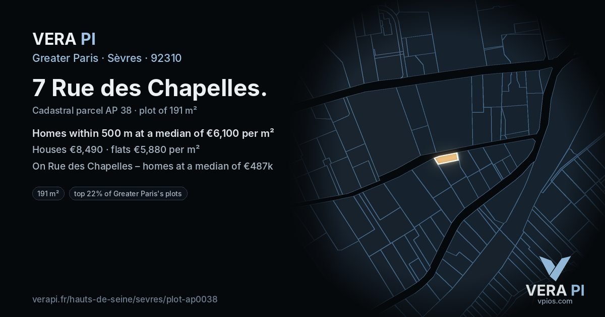 7 Rue des Chapelles, Sèvres at night – the plot lit, the parcels around coloured by the prices near them