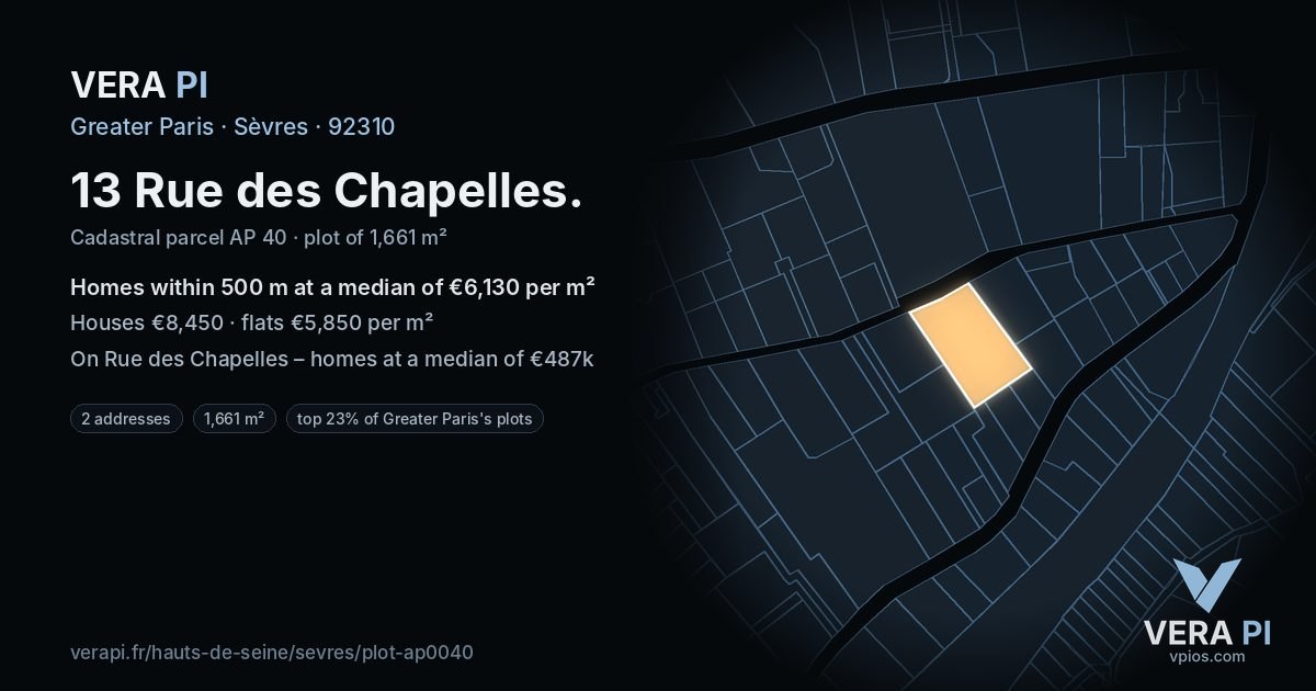 13 Rue des Chapelles, Sèvres at night – the plot lit, the parcels around coloured by the prices near them