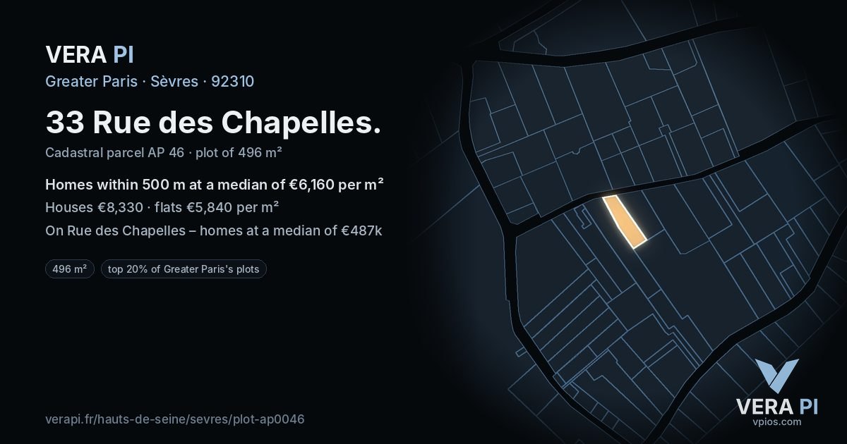 33 Rue des Chapelles, Sèvres at night – the plot lit, the parcels around coloured by the prices near them