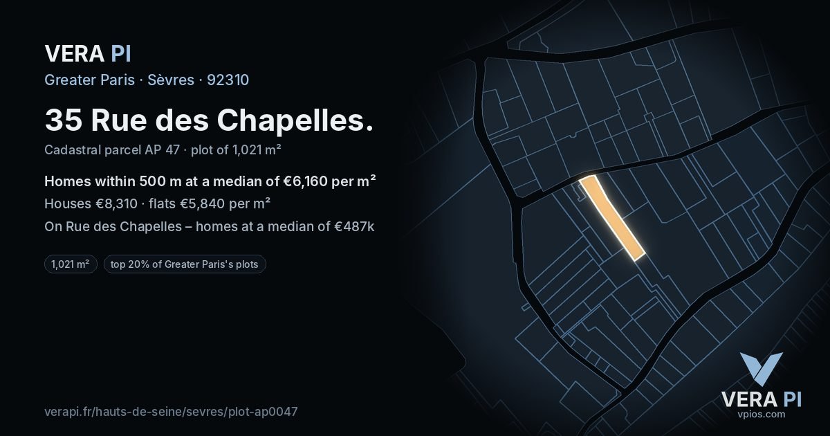 35 Rue des Chapelles, Sèvres at night – the plot lit, the parcels around coloured by the prices near them