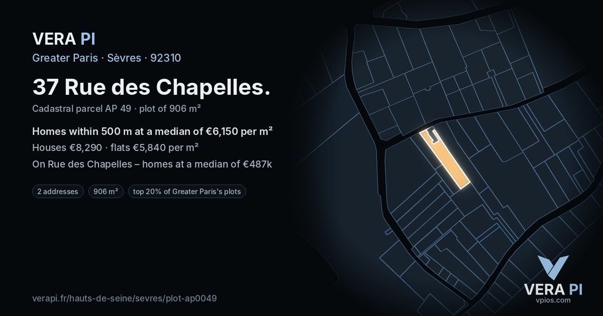 37 Rue des Chapelles, Sèvres at night – the plot lit, the parcels around coloured by the prices near them