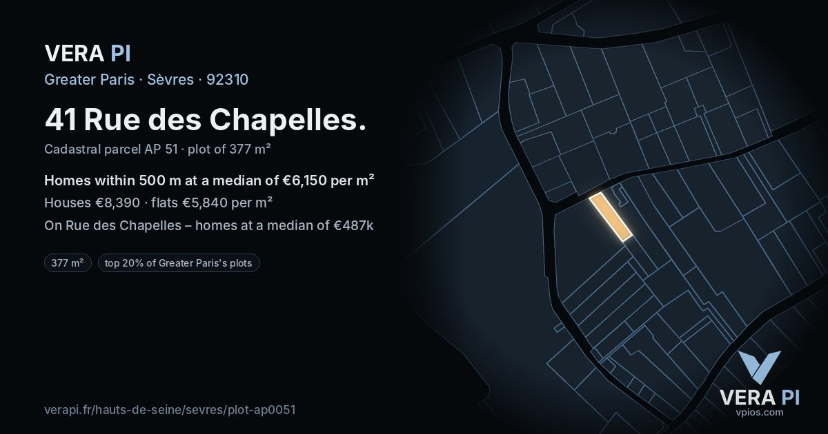 41 Rue des Chapelles, Sèvres at night – the plot lit, the parcels around coloured by the prices near them
