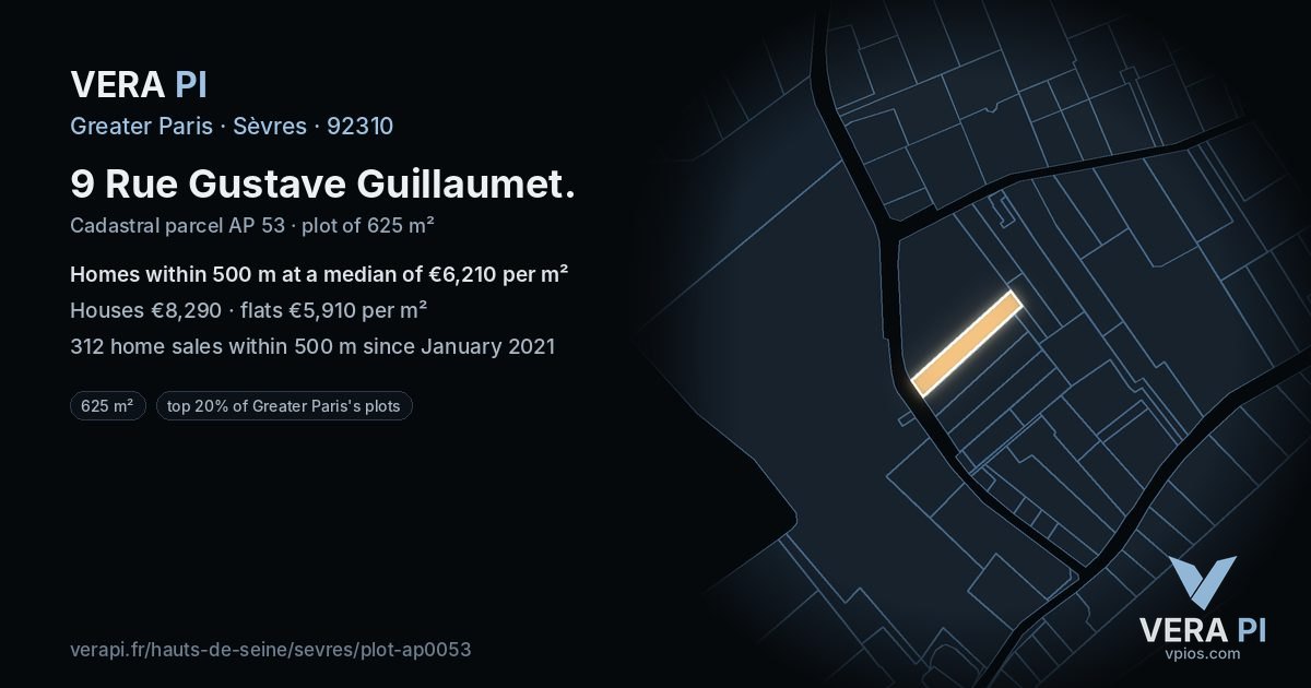 9 Rue Gustave Guillaumet, Sèvres at night – the plot lit, the parcels around coloured by the prices near them