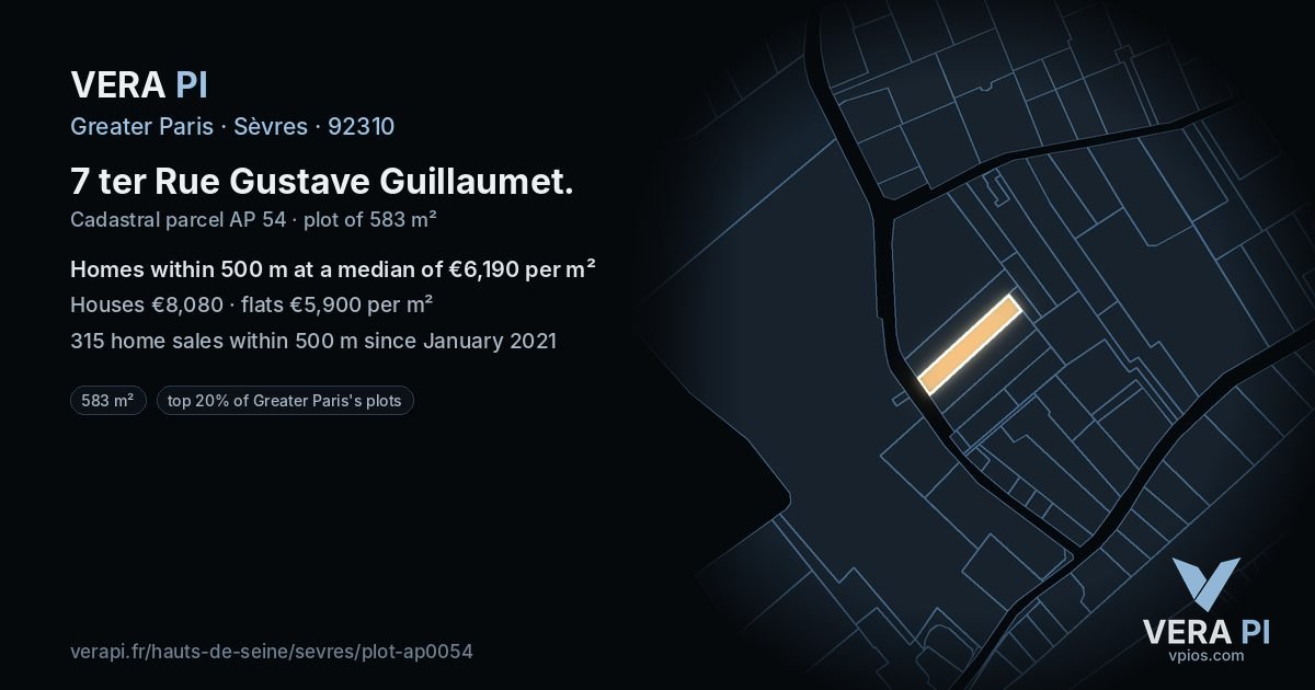 7 ter Rue Gustave Guillaumet, Sèvres at night – the plot lit, the parcels around coloured by the prices near them