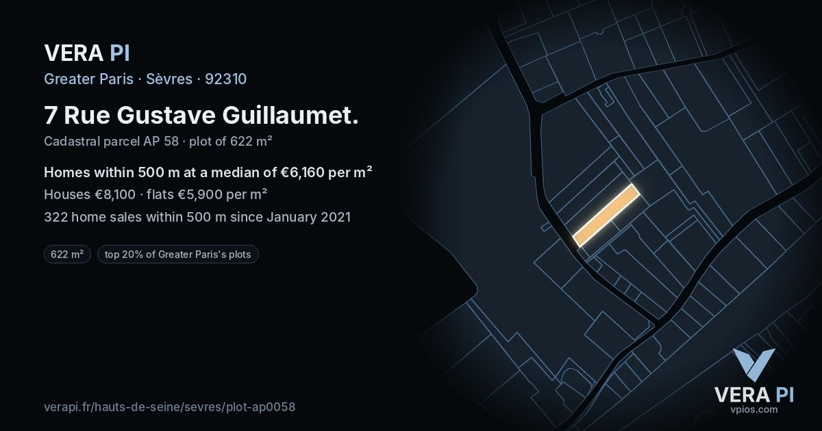 7 Rue Gustave Guillaumet, Sèvres at night – the plot lit, the parcels around coloured by the prices near them