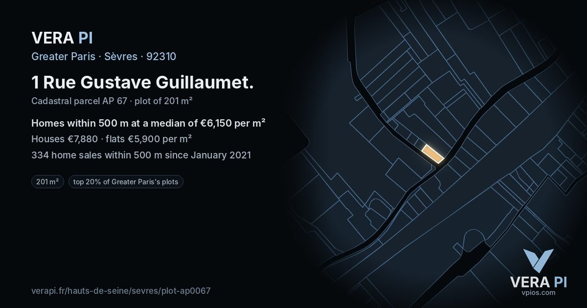 1 Rue Gustave Guillaumet, Sèvres at night – the plot lit, the parcels around coloured by the prices near them
