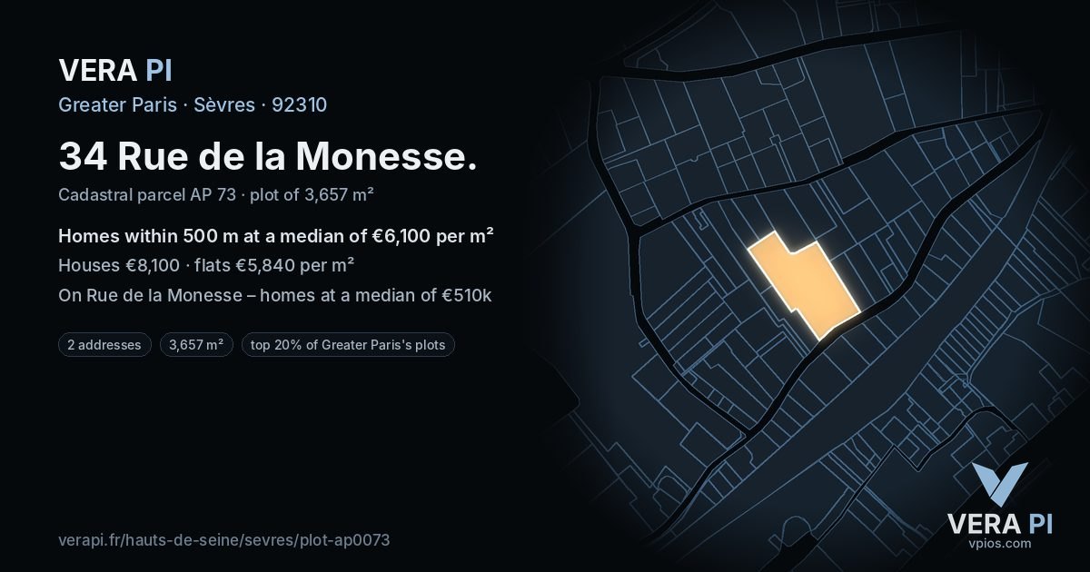 34 Rue de la Monesse, Sèvres at night – the plot lit, the parcels around coloured by the prices near them
