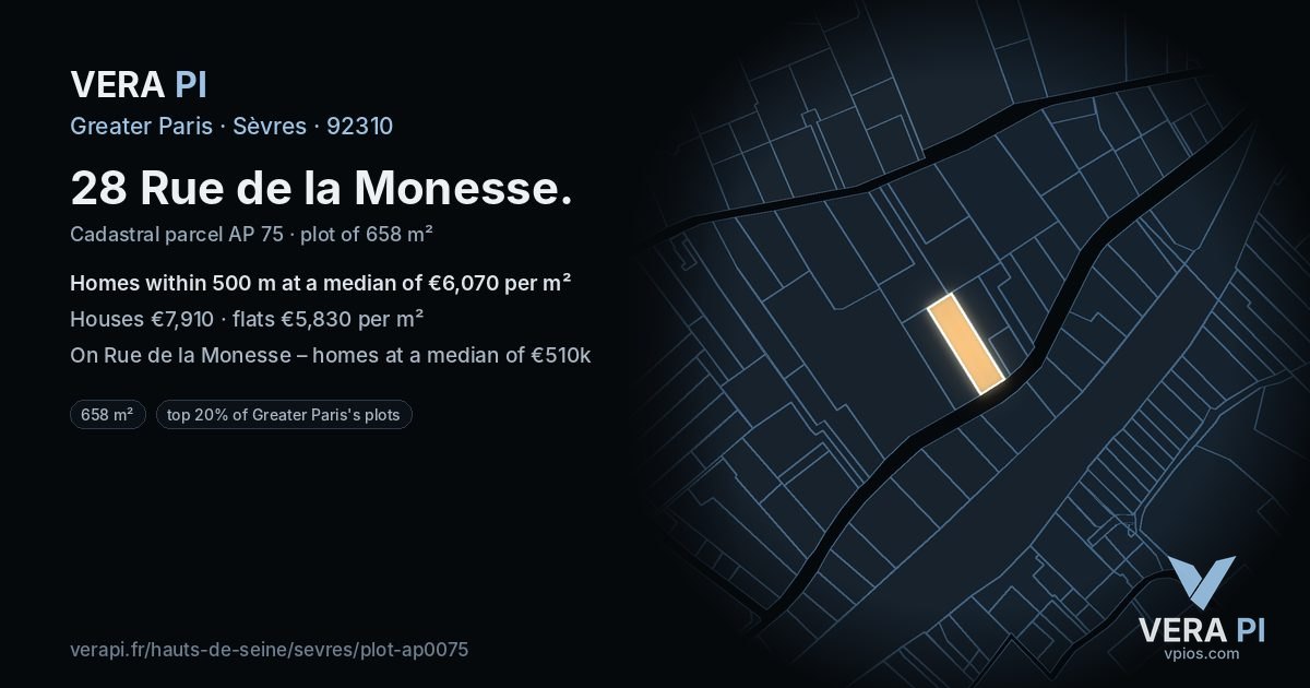 28 Rue de la Monesse, Sèvres at night – the plot lit, the parcels around coloured by the prices near them