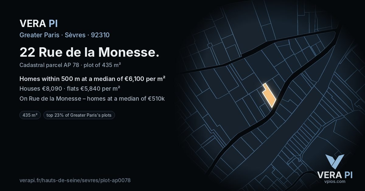 22 Rue de la Monesse, Sèvres at night – the plot lit, the parcels around coloured by the prices near them