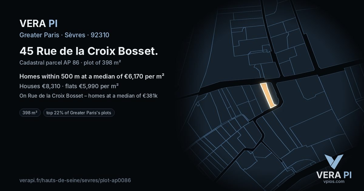 45 Rue de la Croix Bosset, Sèvres at night – the plot lit, the parcels around coloured by the prices near them
