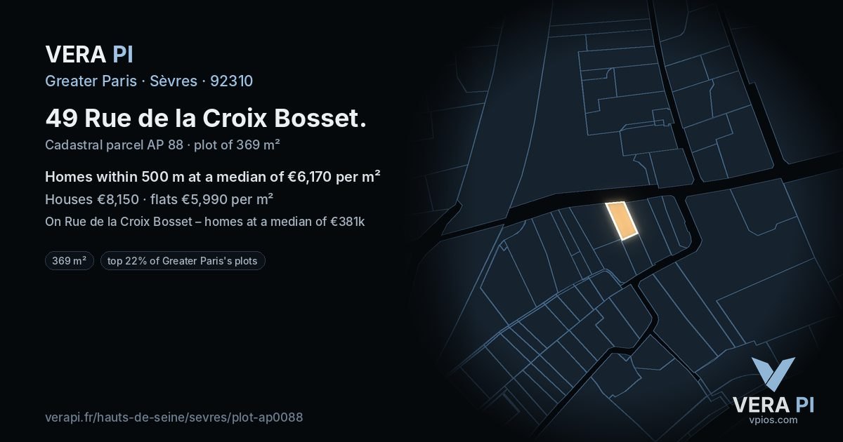 49 Rue de la Croix Bosset, Sèvres at night – the plot lit, the parcels around coloured by the prices near them