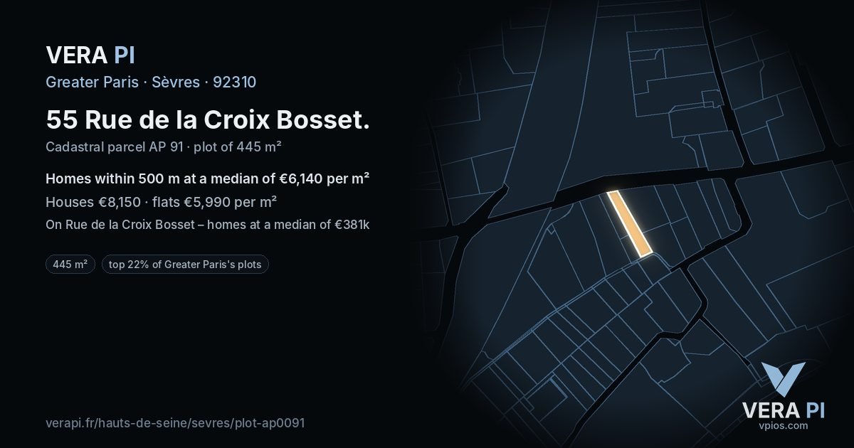 55 Rue de la Croix Bosset, Sèvres at night – the plot lit, the parcels around coloured by the prices near them