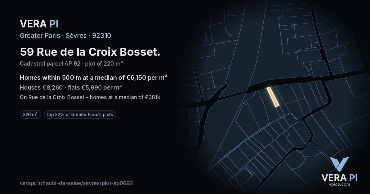 59 Rue de la Croix Bosset, Sèvres at night – the plot lit, the parcels around coloured by the prices near them
