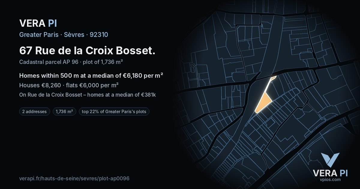 67 Rue de la Croix Bosset, Sèvres at night – the plot lit, the parcels around coloured by the prices near them
