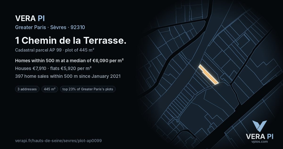 1 Chemin de la Terrasse, Sèvres at night – the plot lit, the parcels around coloured by the prices near them
