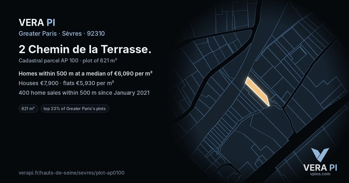 2 Chemin de la Terrasse, Sèvres at night – the plot lit, the parcels around coloured by the prices near them