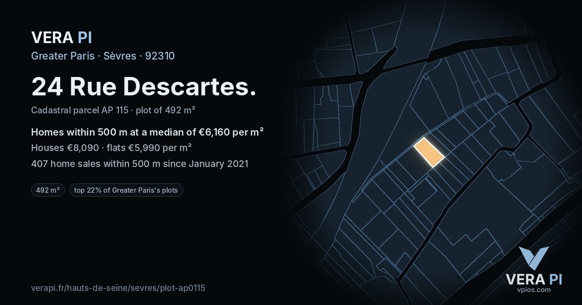 24 Rue Descartes, Sèvres at night – the plot lit, the parcels around coloured by the prices near them