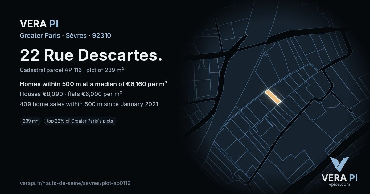 22 Rue Descartes, Sèvres at night – the plot lit, the parcels around coloured by the prices near them