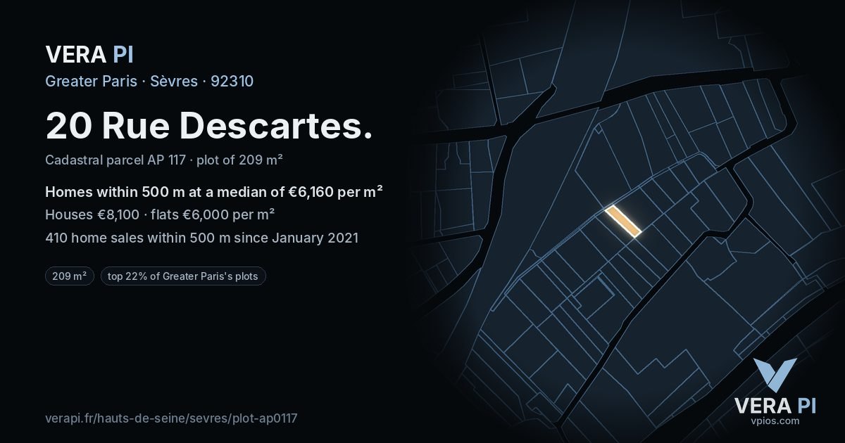 20 Rue Descartes, Sèvres at night – the plot lit, the parcels around coloured by the prices near them