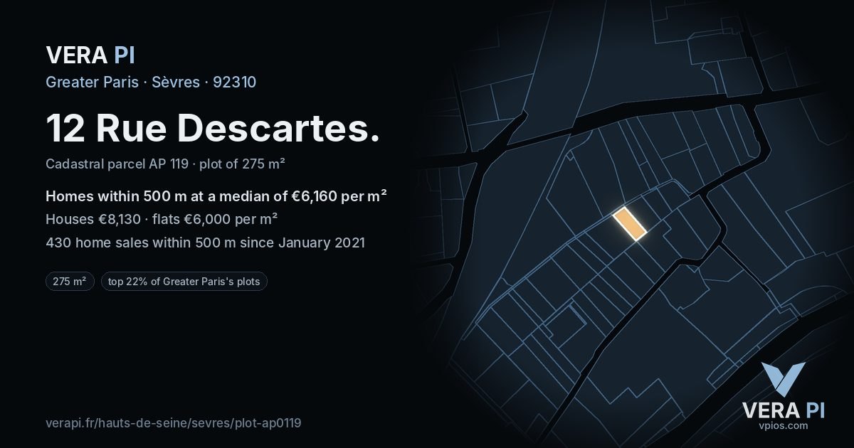 12 Rue Descartes, Sèvres at night – the plot lit, the parcels around coloured by the prices near them