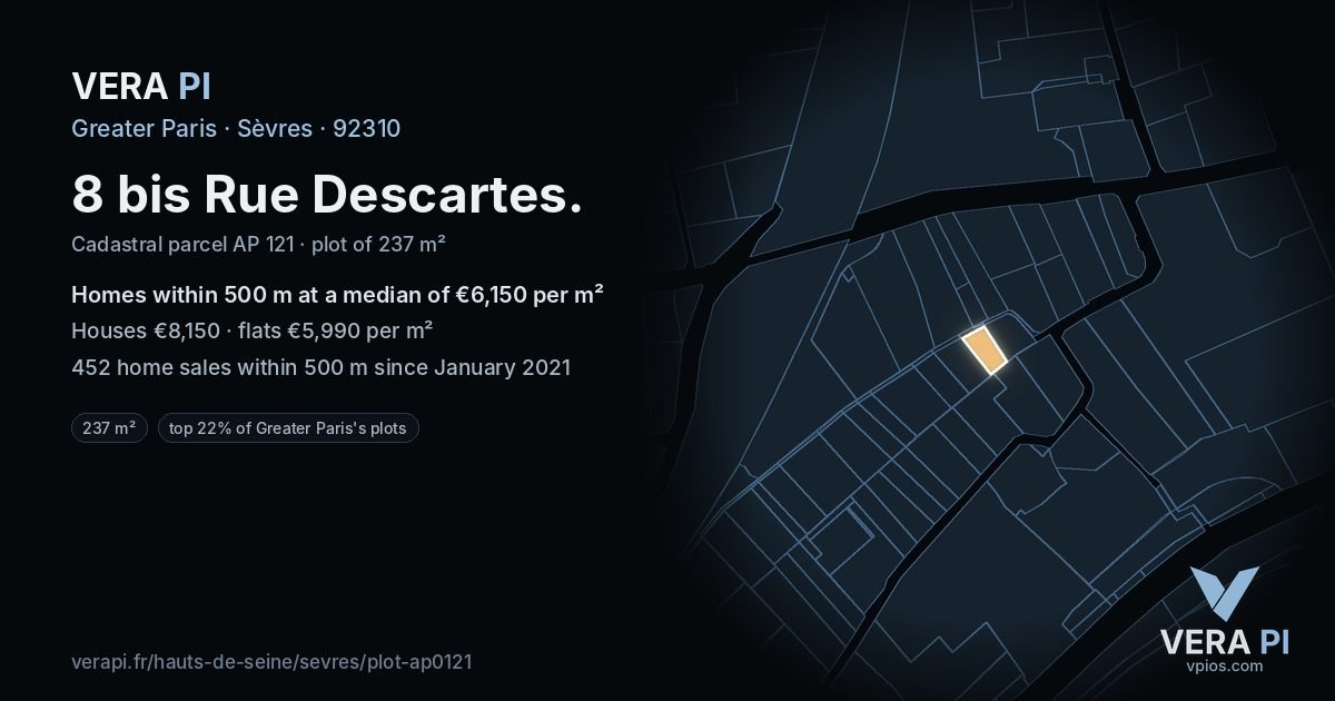 8 bis Rue Descartes, Sèvres at night – the plot lit, the parcels around coloured by the prices near them