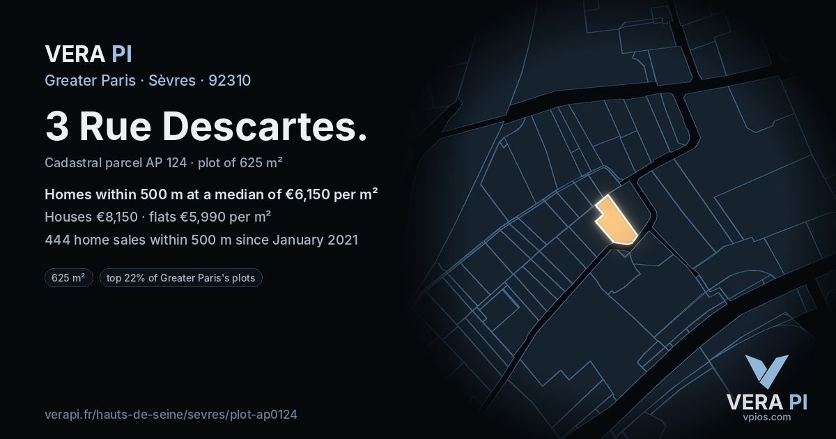 3 Rue Descartes, Sèvres at night – the plot lit, the parcels around coloured by the prices near them