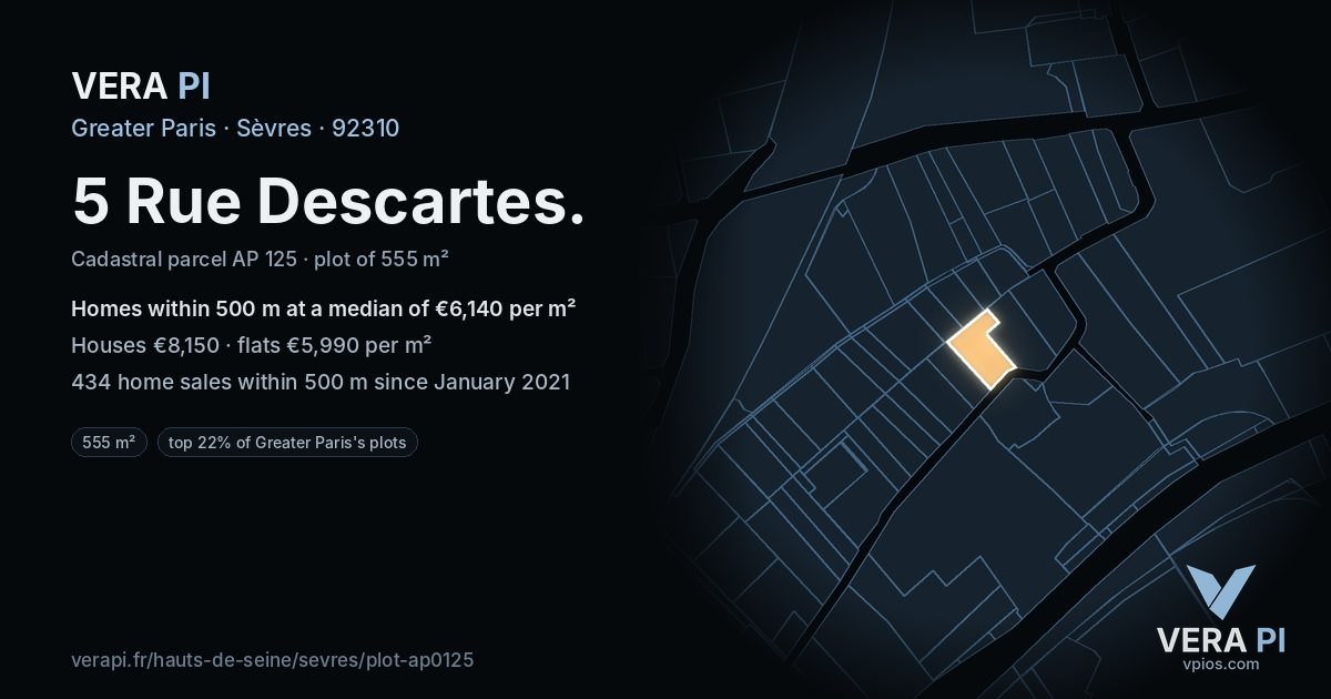 5 Rue Descartes, Sèvres at night – the plot lit, the parcels around coloured by the prices near them